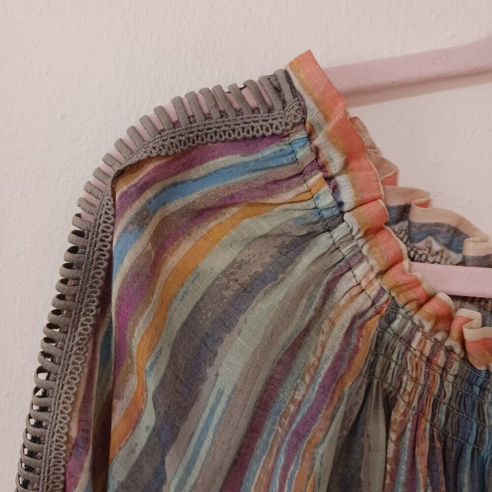 Multicolor Striped Blouse Crochet Trim Size Medium Boho Bohemian Artsy - Picture 3 of 11